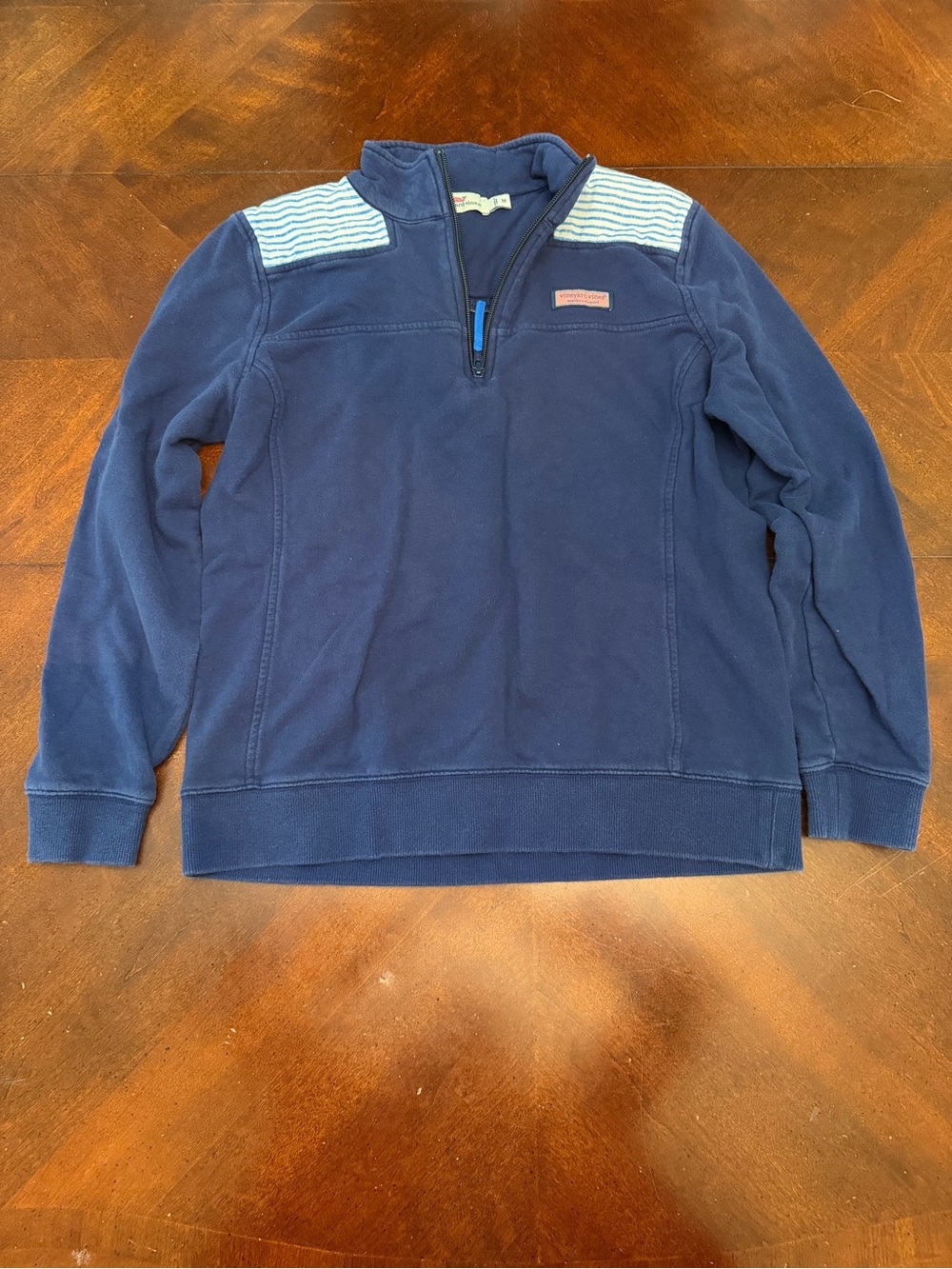 Vineyard Vines Navy Quarter-Zip Sweater with Striped Shoulder Detail